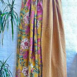 Kantha Stitch Pure Cotton Reversible Bed/Sofa Throw King Size Handmade Floral Indian Dohar Elegant Dusted Mustard Rose Pink Botanical Bloom - thumbnail 4