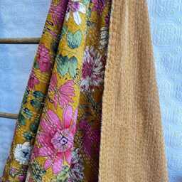 Kantha Stitch Pure Cotton Reversible Bed/Sofa Throw King Size Handmade Floral Indian Dohar Elegant Dusted Mustard Rose Pink Botanical Bloom - thumbnail 2