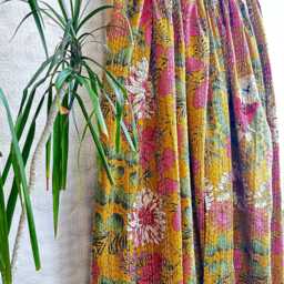 Kantha Stitch Pure Cotton Reversible Bed/Sofa Throw King Size Handmade Floral Indian Dohar Elegant Dusted Mustard Rose Pink Botanical Bloom - thumbnail 3