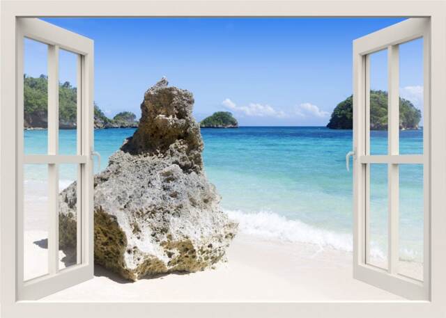 Beach Wall Decal, Sticker, Tropical & Rock Nature 3D Window Frame Sticker For Home Decor