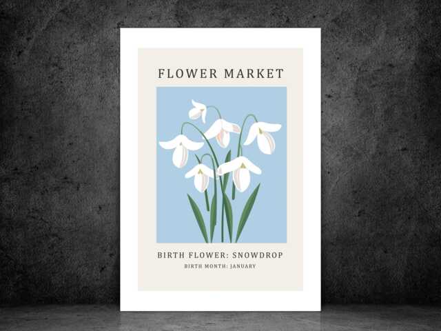 Birth Flower Print January Snowdrop - Birthday Month Poster Botanical Wall Art Gift Idea A5 A4 A3 Framed Or Unframed - image 1