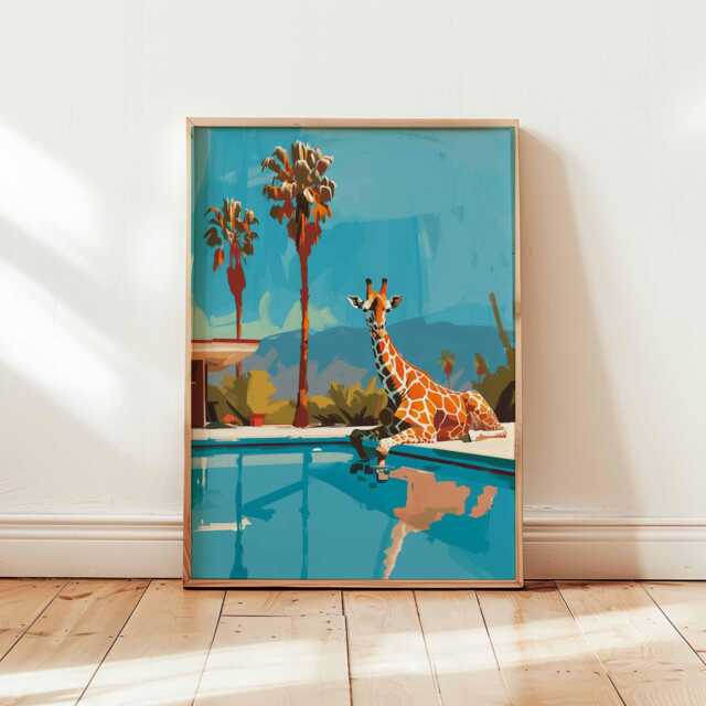 Pop Art Giraffe By The Pool Print, Unique Wall Art, Palm Springs Decor, Mid Century Modern Retro Poster, Funky Home Eclectic - image 1