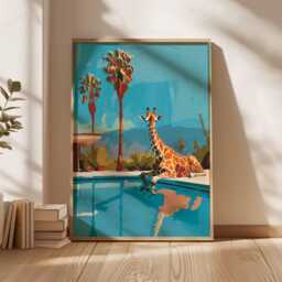 Pop Art Giraffe By The Pool Print, Unique Wall Art, Palm Springs Decor, Mid Century Modern Retro Poster, Funky Home Eclectic - thumbnail 3