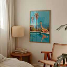 Pop Art Giraffe By The Pool Print, Unique Wall Art, Palm Springs Decor, Mid Century Modern Retro Poster, Funky Home Eclectic - thumbnail 2