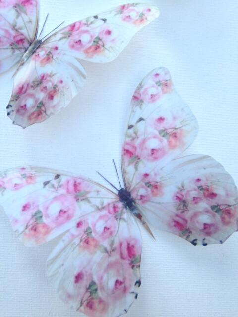 Shabby Chic Butterfly Wall Decor White & Pink Rose 3D Butterflies - Set Of 4 - image 1