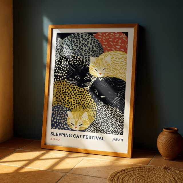 Sleeping Cat Wall Art Print - Yayoi Kusama Inspired Japanese Poster, Japandi Animal Decor
