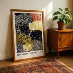 Sleeping Cat Wall Art Print - Yayoi Kusama Inspired Japanese Poster, Japandi Animal Decor - thumbnail 2