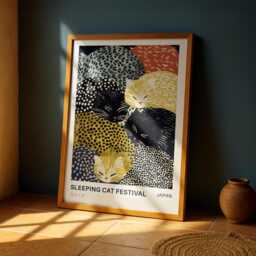 Sleeping Cat Wall Art Print - Yayoi Kusama Inspired Japanese Poster, Japandi Animal Decor - thumbnail 1