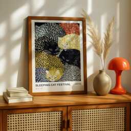 Sleeping Cat Wall Art Print - Yayoi Kusama Inspired Japanese Poster, Japandi Animal Decor - thumbnail 3