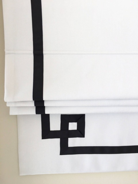 Flat Roman Shade, White Linen With Black Greek Key Trim, Custom Window Treatment - image 1