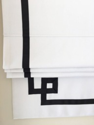 Flat Roman Shade, White Linen With Black Greek Key Trim, Custom Window Treatment - thumbnail 1