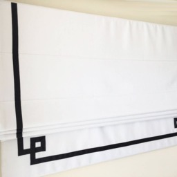 Flat Roman Shade, White Linen With Black Greek Key Trim, Custom Window Treatment - thumbnail 2