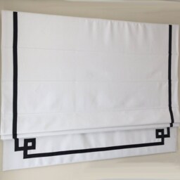 Flat Roman Shade, White Linen With Black Greek Key Trim, Custom Window Treatment - thumbnail 3