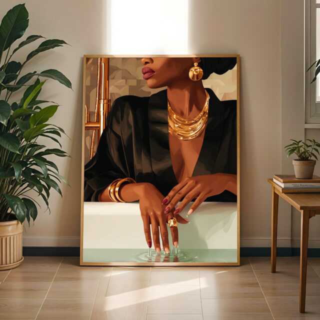 Black Woman Gold Jewelry Art Print, Afrocentric Home Decor - Poster Only - image 1