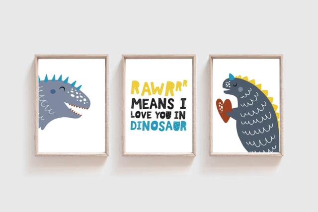 Set Of 3 Dinosaur Prints, Decor, Wall Art, Nursery Quotes, Boys Poster, Dinosaurs - image 1