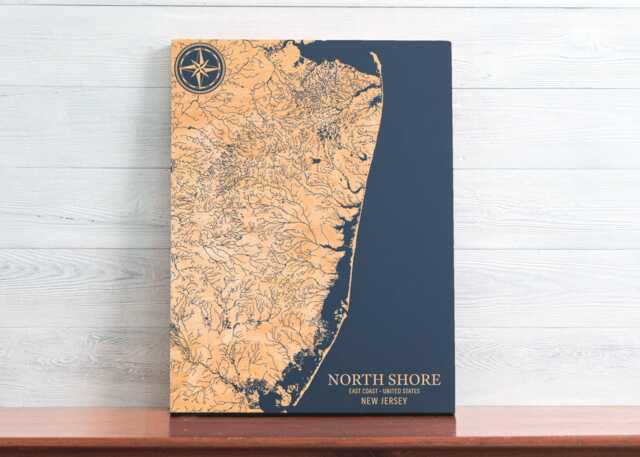 North Shore, New Jersey Map - Engraved Wood Coastal Chart Wall Art Sign, Beach Home Decor Nautical Print, Unique Personalized Family Gift - image 1
