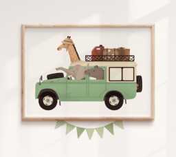 Safari Truck Nursery Print, Jungle Animals Wall Art For Baby Room, Adventure Kids Playroom Decor - thumbnail 1