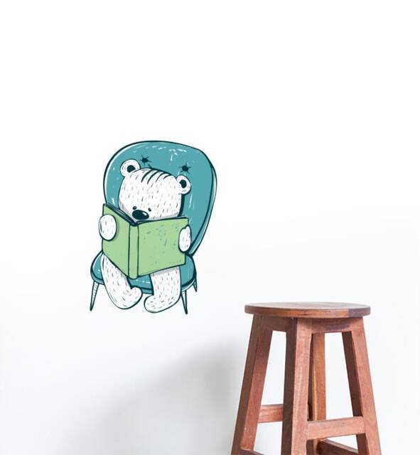 Bear Reading On Blue Chair Wall Sticker Decal - Kids Stickers, Animals Childrens Decals, Art, Room