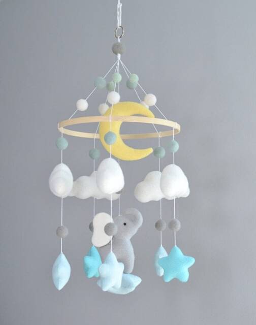 Elephant Nursery Mobile, Baby Mobile Neutral, Crib Felt Ball Decor, Shower - image 1