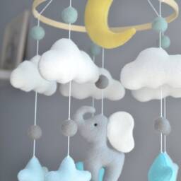 Elephant Nursery Mobile, Baby Mobile Neutral, Crib Felt Ball Decor, Shower - thumbnail 2