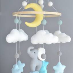 Elephant Nursery Mobile, Baby Mobile Neutral, Crib Felt Ball Decor, Shower - thumbnail 4