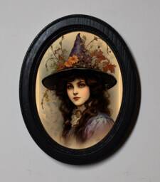 Halloween Witch Portrait, Oval Black Wood Frame, Gothic Wall Art - thumbnail 1