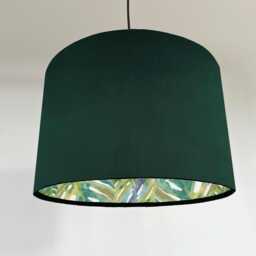 Green Velvet Drum Lampshade, Double Sided Lampshade With Palm Leaves Cotton Interior, Ceiling Light Shade - thumbnail 1