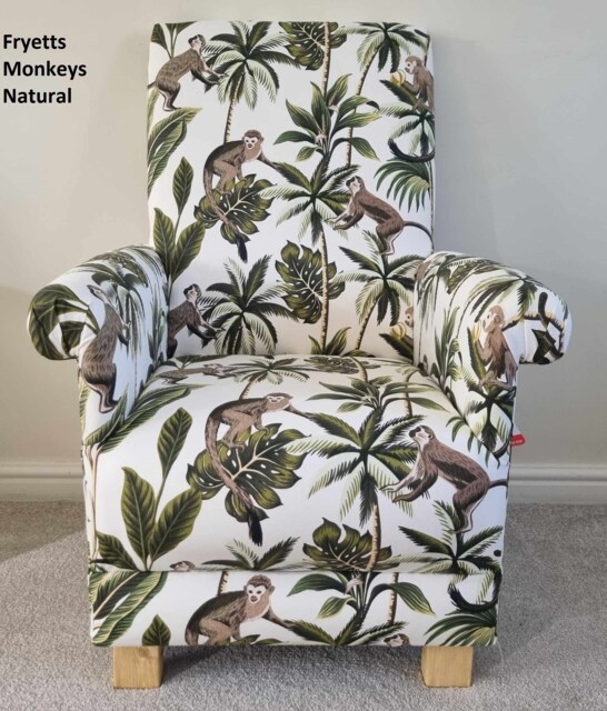 Fryetts Monkeys Fabric Adult Chair Armchair Jungle Animals Apes Grey Ochre Natural Or Teal Safari Nursery Nursing Small Bedroom Accent Chimp - image 1