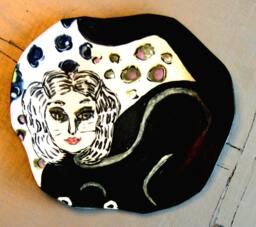 Hand-Painted Ceramic Cat Girl Hybrid Plate Black & White Dessert Dish, Wall Hanging