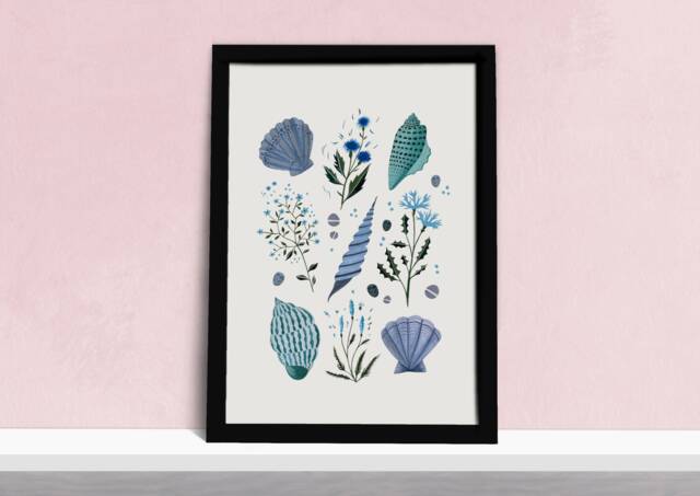 Blue Coastal Wildflowers & Shells Art Print - Beach Seashells Poster Watercolour Illustration Artists A5, A4 Or A3 - image 1