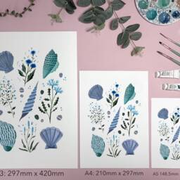 Blue Coastal Wildflowers & Shells Art Print - Beach Seashells Poster Watercolour Illustration Artists A5, A4 Or A3 - thumbnail 3