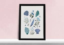Blue Coastal Wildflowers & Shells Art Print - Beach Seashells Poster Watercolour Illustration Artists A5, A4 Or A3 - thumbnail 1