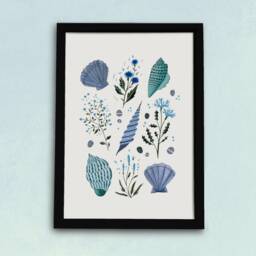 Blue Coastal Wildflowers & Shells Art Print - Beach Seashells Poster Watercolour Illustration Artists A5, A4 Or A3 - thumbnail 2