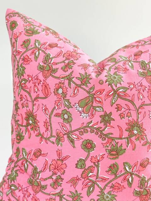 Fuchsia Pink Indian Block Print Pillow Cover , Cotton Voile Hand Mede - image 1