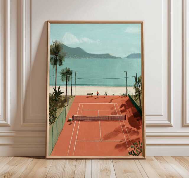 Coastal Tennis Court Poster, Mediterranean Beach Art Print, Palm Tree Summer Decor, Sporty Travel Wall For Modern Home Or Holiday House - image 1