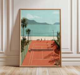 Coastal Tennis Court Poster, Mediterranean Beach Art Print, Palm Tree Summer Decor, Sporty Travel Wall For Modern Home Or Holiday House - thumbnail 1