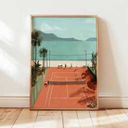 Coastal Tennis Court Poster, Mediterranean Beach Art Print, Palm Tree Summer Decor, Sporty Travel Wall For Modern Home Or Holiday House - thumbnail 3