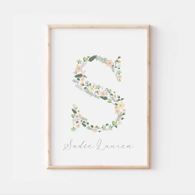 Personalised Green Floral Letter Print, Nursery Decor, Wall Kids Room Wall Art, Gift - image 1