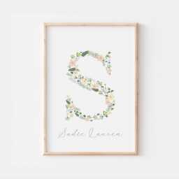 Personalised Green Floral Letter Print, Nursery Decor, Wall Kids Room Wall Art, Gift - thumbnail 1