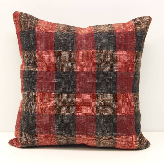 Vintage Kilim Pillow Cover 16x16, Red Black Plaid, Boho Home Decor - image 1