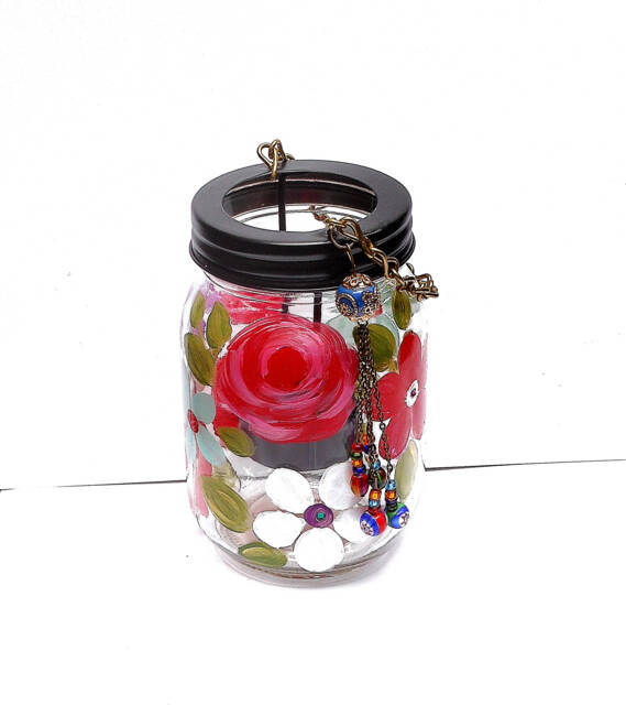 Floral Glass Candle Lantern Colorful Hand Painted Flowers, Ooak Boho Chic Spring Decor - image 1