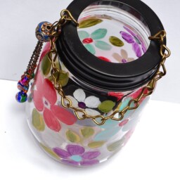 Floral Glass Candle Lantern Colorful Hand Painted Flowers, Ooak Boho Chic Spring Decor - thumbnail 4