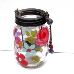 Floral Glass Candle Lantern Colorful Hand Painted Flowers, Ooak Boho Chic Spring Decor - thumbnail 3