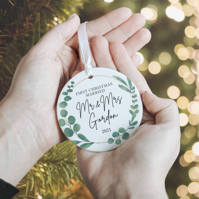 Personalised First Christmas Married Ceramic Decoration, Mr & Mrs Ornament Keepsake, Newly Married, Bauble Decoration - image 1