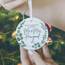 Personalised First Christmas Married Ceramic Decoration, Mr & Mrs Ornament Keepsake, Newly Married, Bauble Decoration - thumbnail 2