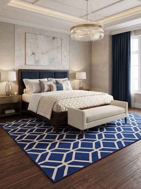 Blue Geometric Cotton Flatweave Rug - Modern Cube Pattern Area For Living Room, Bedroom & Designer Interiors in Custom Options - image 1