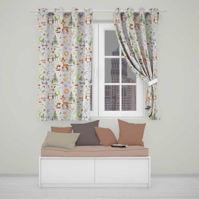 Watercolor Forest Animals Deer Owl Mushrooms Stars Seamless Pattern Readymade Eyelet Ring Top Thermal 100% Blackout Curtains - image 1