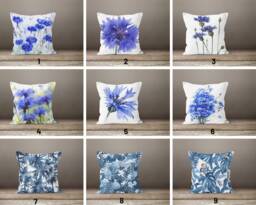 Blue Flower Cushion Cover/Paint Effect Plants Pillow Case/Abstract Garden Decorative Throw Pillow/Boho Plant Pillow/Housewarming Gift - thumbnail 1