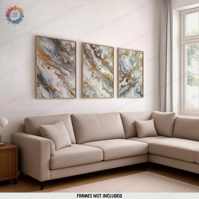 White & Gold Fluid Print Set - Living Room Wall Art - Home Decor Of 3 Prints Colourful Liquid Artwork Modern Ink Poster - image 1