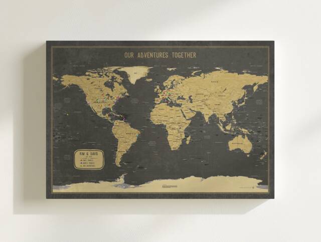 Black & Gold World Travel Map Push Pin Canvas Wall Art - image 1